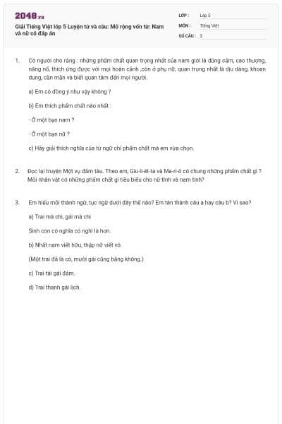Giải Tiếng Việt lớp 5 Luyện từ và câu: Mở rộng vốn từ: Nam và nữ có đáp án