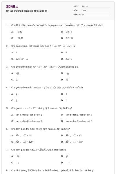 Ôn tập chương II Hình học 10 có đáp án