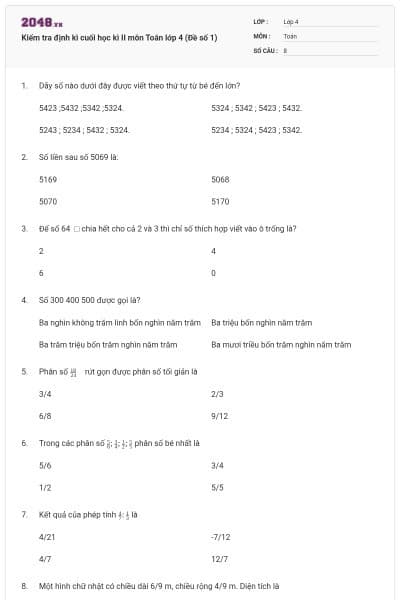 Kiểm tra định kì cuối học kì II môn Toán lớp 4 (Đề số 1)