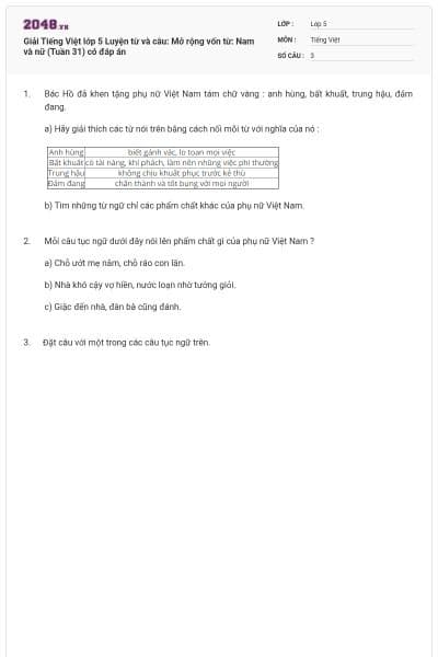Giải Tiếng Việt lớp 5 Luyện từ và câu: Mở rộng vốn từ: Nam và nữ (Tuần 31) có đáp án