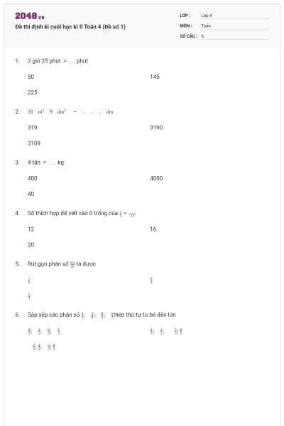 Đề thi định kì cuối học kì II Toán 4 (Đề số 1)