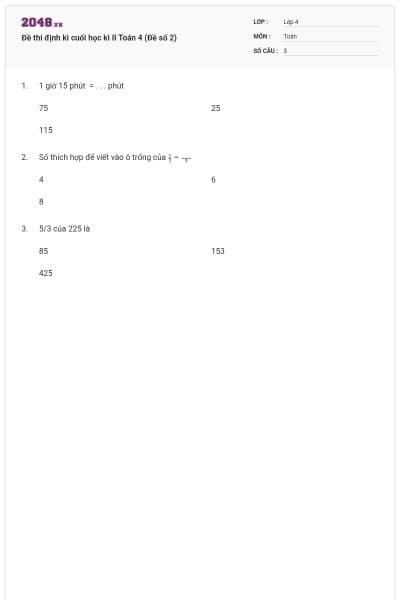 Đề thi định kì cuối học kì II Toán 4 (Đề số 2)