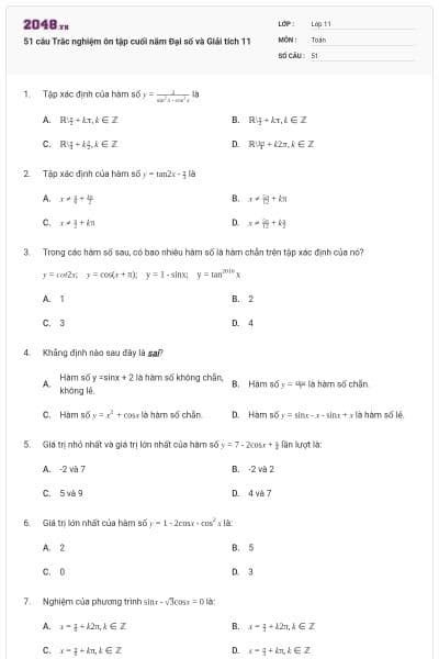 51 câu Trắc nghiệm ôn tập cuối năm Đại số và Giải tích 11