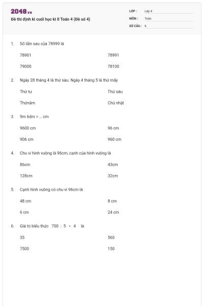 Đề thi định kì cuối học kì II Toán 4 (Đề số 4)