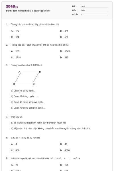 Đề thi định kì cuối học kì II Toán 4 (Đề số 8)