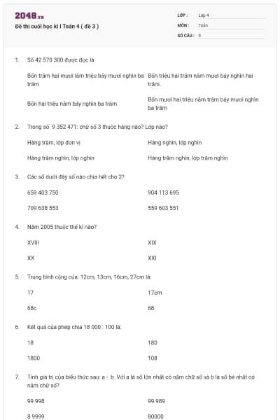 Đề thi cuối học kì I Toán 4 ( đề 3 )