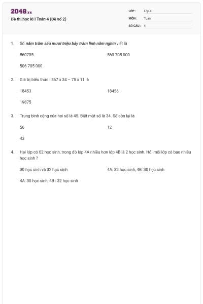 Đề thi học kì I Toán 4 (Đề số 2)