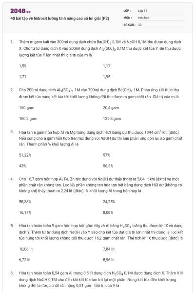40 bài tập về hidroxit lưỡng tính nâng cao có lời giải (P2)
