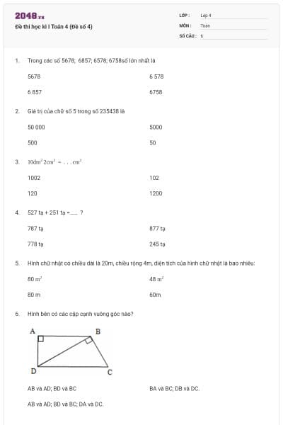 Đề thi học kì I Toán 4 (Đề số 4)