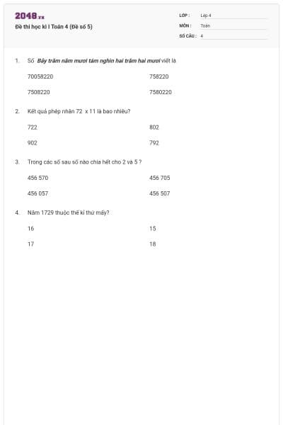 Đề thi học kì I Toán 4 (Đề số 5)