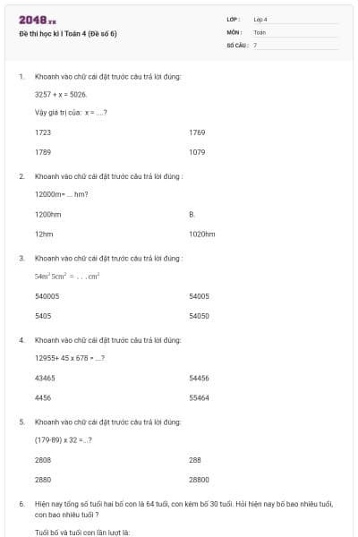 Đề thi học kì I Toán 4 (Đề số 6)