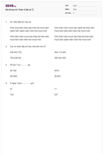 Đề thi học kì I Toán 4 (Đề số 7)