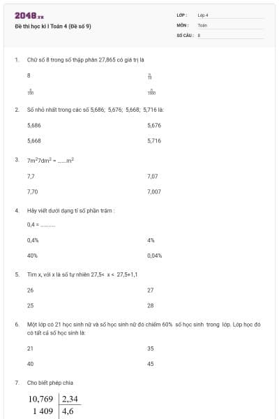 Đề thi học kì I Toán 4 (Đề số 9)