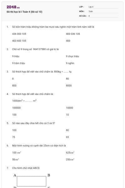 Đề thi học kì I Toán 4 (Đề số 10)