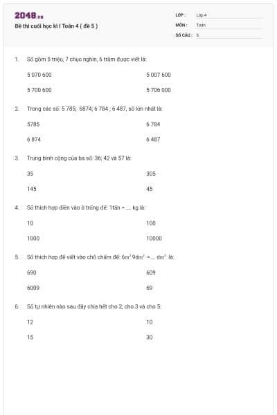 Đề thi cuối học kì I Toán 4 ( đề 5 )