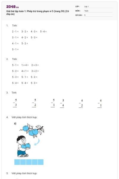Giải bài tập toán 1: Phép trừ trong phạm vi 5 (trang 59) (Có đáp án)