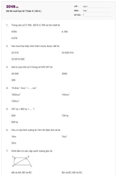 Đề thi cuối học kì I Toán 4 ( đề 6 )