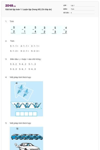 Giải bài tập toán 1: Luyện tập (trang 60) (Có đáp án)