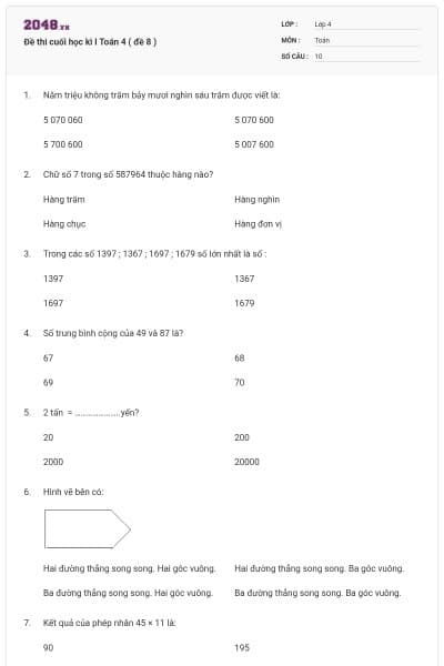 Đề thi cuối học kì I Toán 4 ( đề 8 )