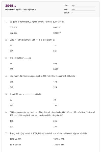 Đề thi cuối học kì I Toán 4 ( đề 9 )