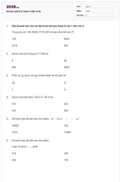 Đề thi cuối kì II Toán 4 (Đề số 8)