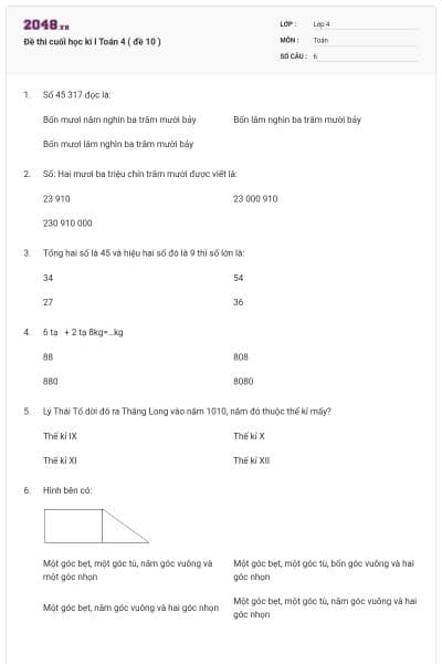 Đề thi cuối học kì I Toán 4 ( đề 10 )