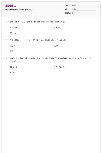 Đề thi học kì I Toán 4 (Đề số 11)