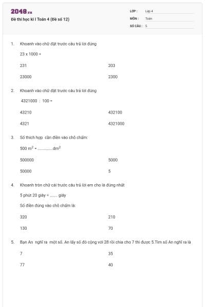 Đề thi học kì I Toán 4 (Đề số 12)