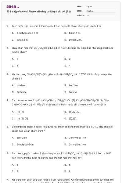 50 Bài tập về Ancol, Phenol siêu hay có lời giải chi tiết (P2)