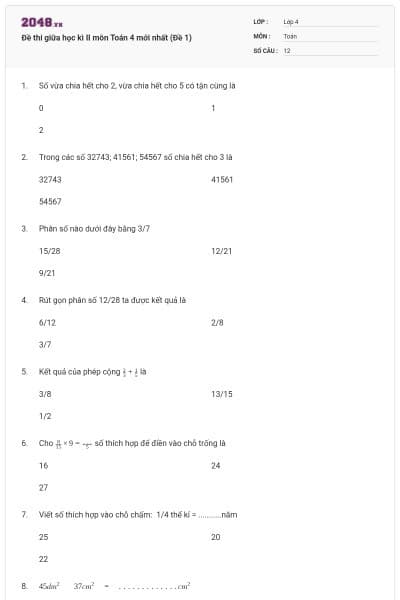 Đề thi giữa học kì II môn Toán 4 mới nhất (Đề 1)