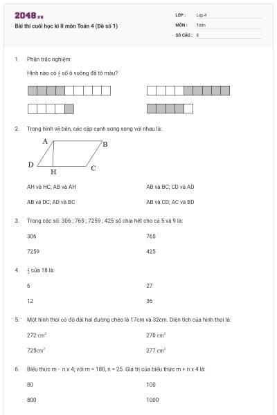Bài thi cuối học kì II môn Toán 4 (Đề số 1)