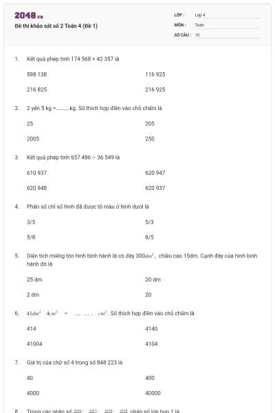 Đề thi khảo sát số 2 Toán 4 (Đề 1)