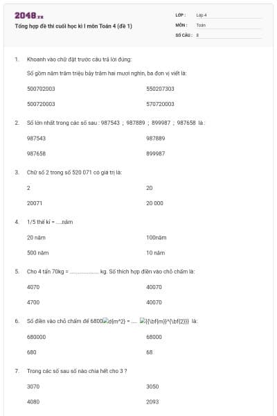 Tổng hợp đề thi cuối học kì I môn Toán 4 (đề 1)