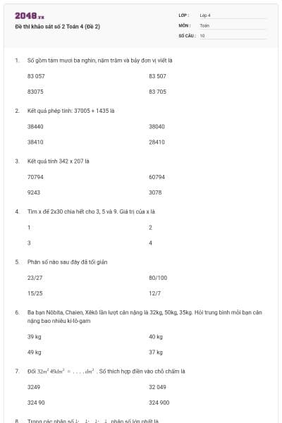 Đề thi khảo sát số 2 Toán 4 (Đề 2)