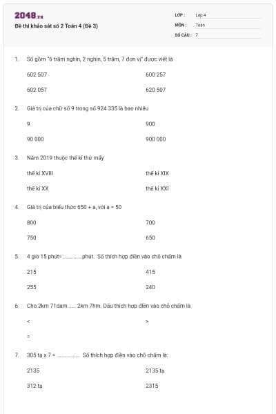 Đề thi khảo sát số 2 Toán 4 (Đề 3)