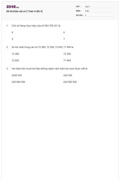 Đề thi khảo sát số 2 Toán 4 (Đề 4)