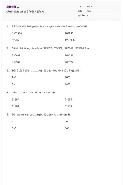 Đề thi khảo sát số 2 Toán 4 (Đề 6)