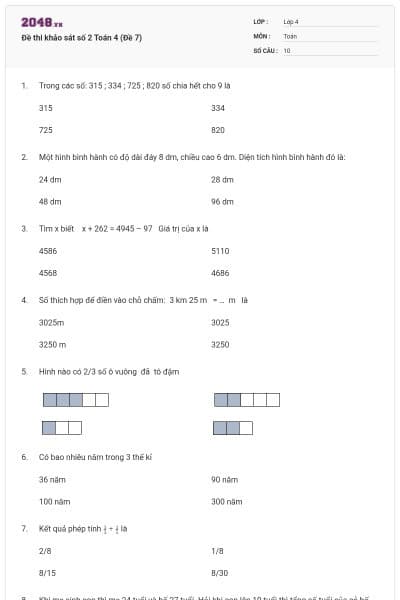 Đề thi khảo sát số 2 Toán 4 (Đề 7)