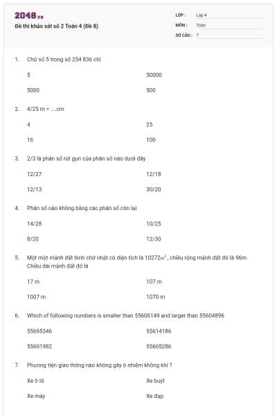 Đề thi khảo sát số 2 Toán 4 (Đề 8)