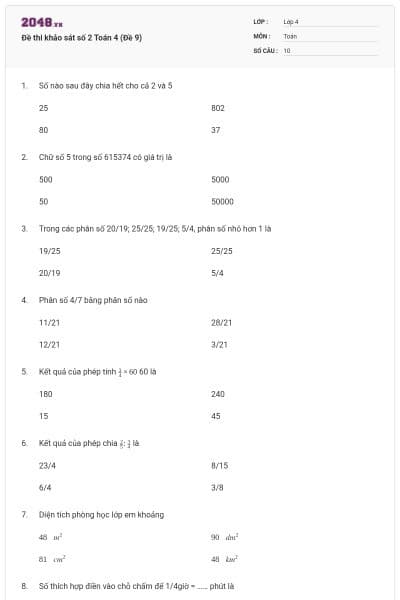 Đề thi khảo sát số 2 Toán 4 (Đề 9)
