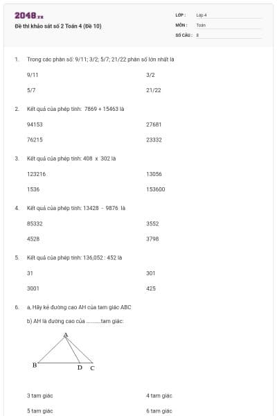 Đề thi khảo sát số 2 Toán 4 (Đề 10)