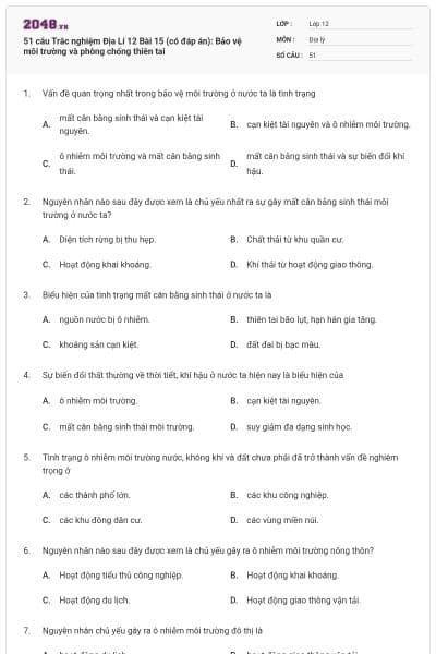 51 câu Trắc nghiệm Địa Lí 12 Bài 15 (có đáp án): Bảo vệ môi trường và phòng chống thiên tai