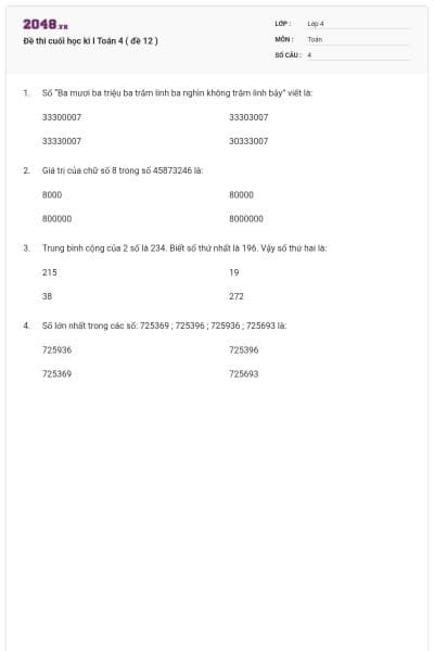 Đề thi cuối học kì I Toán 4 ( đề 12 )