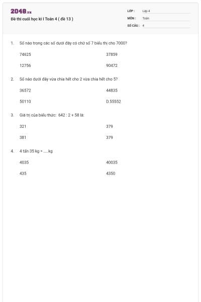 Đề thi cuối học kì I Toán 4 ( đề 13 )