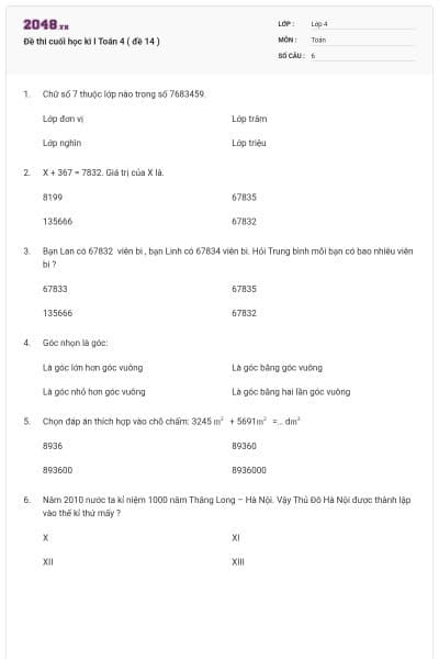 Đề thi cuối học kì I Toán 4 ( đề 14 )