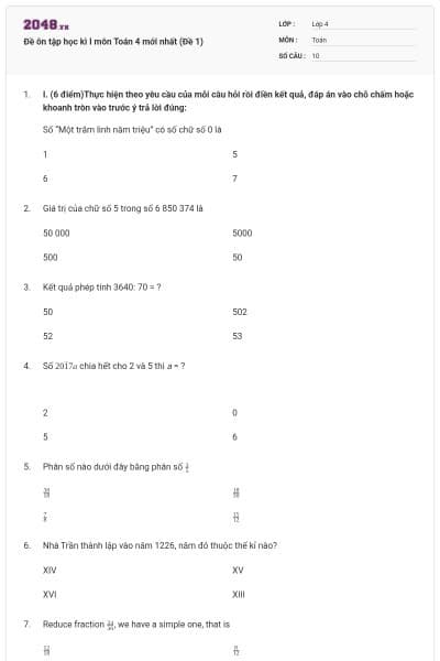 Đề ôn tập học kì I môn Toán 4 mới nhất (Đề 1)