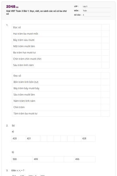 Giải VBT Toán 3 Bài 1: Đọc, viết, so sánh các số có ba chữ số