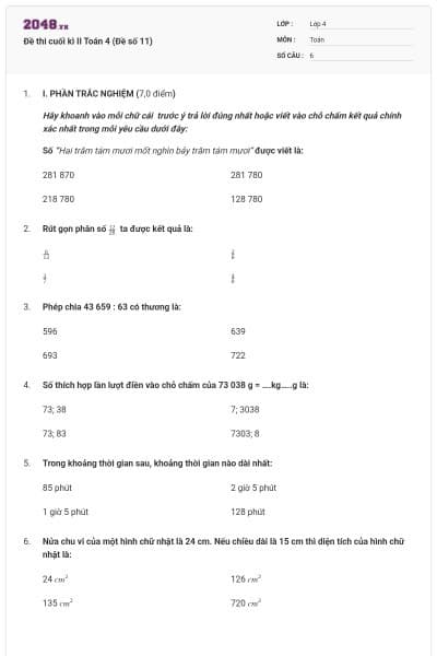 Đề thi cuối kì II Toán 4 (Đề số 11)
