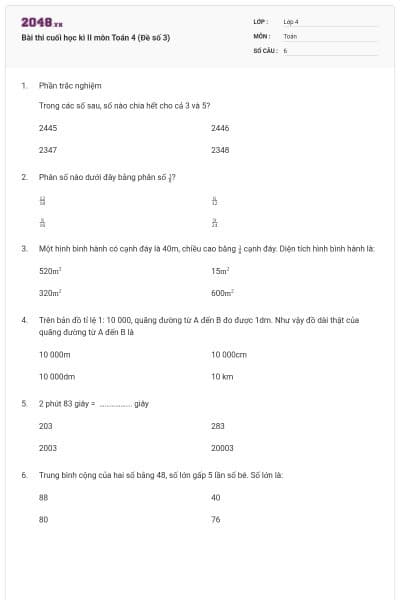 Bài thi cuối học kì II môn Toán 4 (Đề số 3)