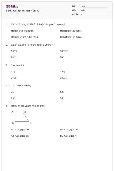 Đề thi cuối học kì I Toán 4 (đề 17)